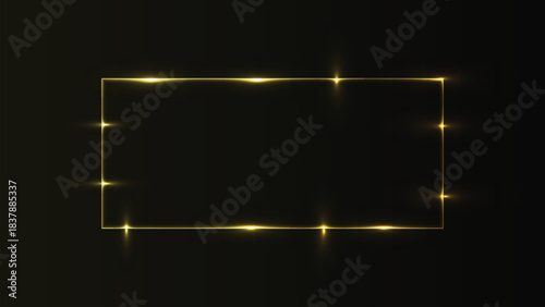 Golden rectangular frame with bright light effects and sparkles on a dark background, isolated on white