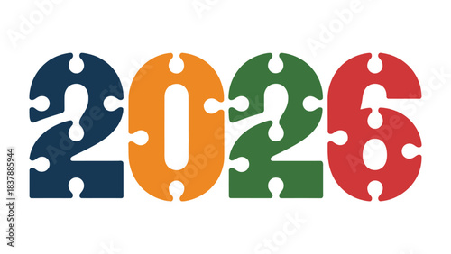 Year 2026 Puzzle: The year 2026 is creatively presented through the interconnected pieces of a jigsaw puzzle, symbolizing the construction and cohesion of future plans.