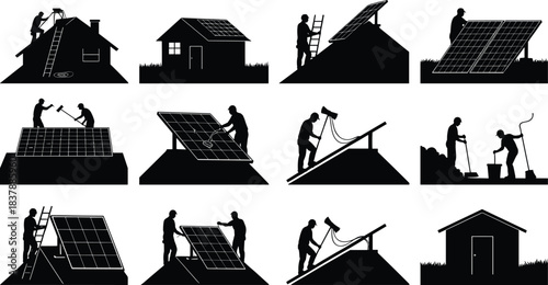 Solar panel installation silhouettes, rooftop and ground-mount workers, ladder safety, wiring and cleaning scenes, renewable energy workforce, technical maintenance vector illustration