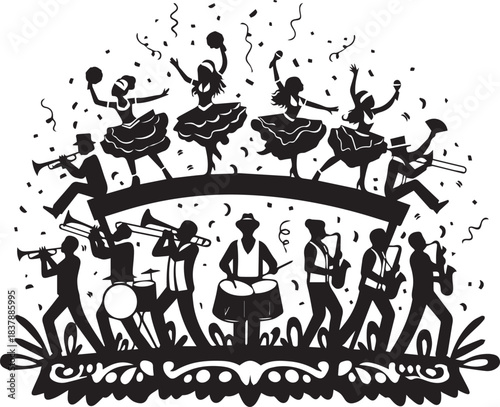 Silhouette of a lively jazz band and dancers performing on stage