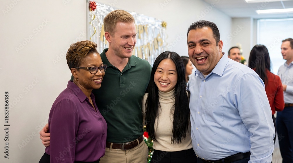 Fototapeta premium Multiethnic group of business people smiling and laughing together at a corporate holiday party in a modern office environment.