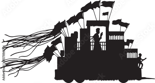 Silhouette of a steam powered vehicle with smoke and flags