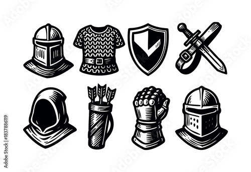 A bold black and white illustration showcases a set of medieval warrior armor and weapons, including helmets, chainmail, a shield, a sword, a hood, a quiver, and a gauntlet — stock illustration.