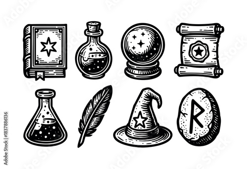 Set of witch and magic elements in doodle style for mystic and esoteric designs — stock vector.