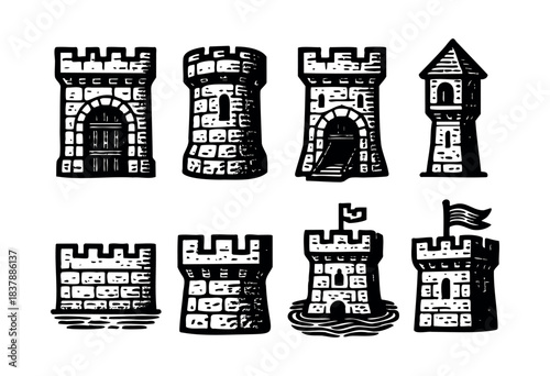 Set of different black castle towers isolated on white background — stock vector.