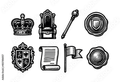 A set of hand-drawn royal symbols including a crown, throne, scepter, and seal, rendered in a vintage, woodcut style — stock illustration.