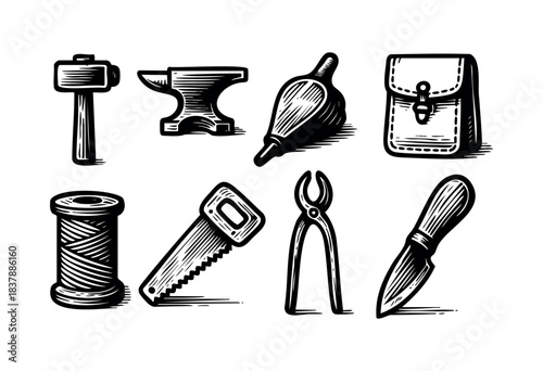 A set of hand-drawn tools for leather crafting, including a hammer, anvil, bellows, bag, thread, saw, pliers, and knife — stock illustration.