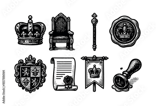 A set of hand-drawn royal symbols including a crown, throne, scepter, and seal, rendered in a vintage, woodcut style — stock illustration.