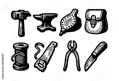 This hand-drawn illustration showcases a set of vintage blacksmithing tools, including a hammer, anvil, bellows, pouch, spool, saw, pliers, and knife — stock illustration.