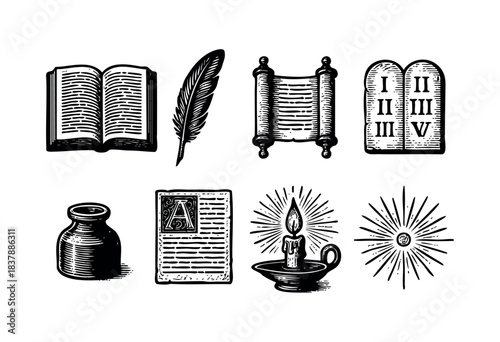 This vector illustration features a vintage collection of literary and historical symbols like an open book, a feather, and the Ten Commandments — stock vector.