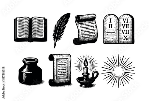 Antique elements including a book, feather quill, scroll, tablets, inkwell, candle, and light rays are depicted in a retro black and white style — stock illustration.