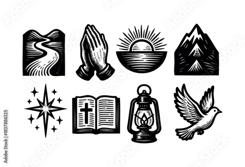 Black and white illustration of Christian faith elements on a white background — stock illustration.
