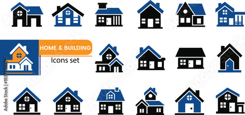 Set of house and building icons in blue and black home