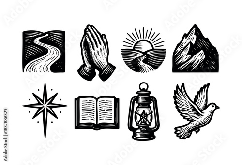 A collection of religious and spiritual symbols in a vintage woodcut style — stock illustration.