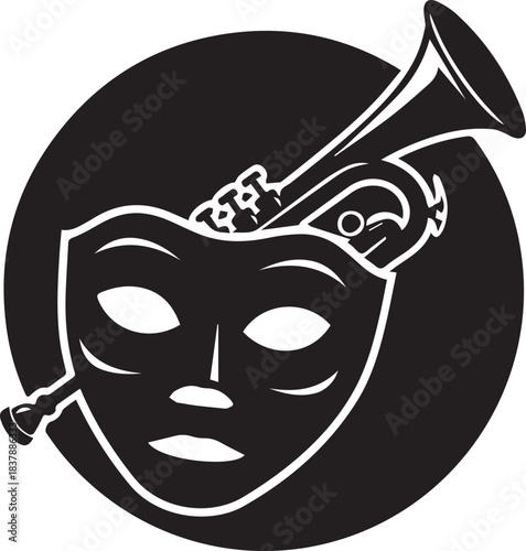 Black and white illustration of a masquerade mask and trumpet in a circle