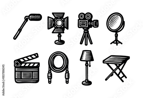 Set of hand-drawn film and audio equipment, including a boom mic, camera, and clapper board — stock vector.