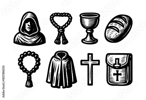 Isolated on white, this vector showcases various monk-related objects rendered in a woodcut style, including a monk's face, rope belt, chalice, bread, rosary, robe, cross, and bag — stock vector.