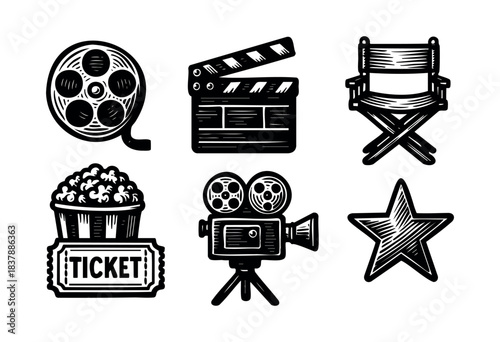 A collection of cinema-related icons including a film reel, clapboard, director's chair, popcorn ticket, vintage camera, and star are illustrated in a bold, woodcut style — stock vector.