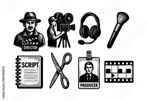 Set of movie production elements in black and white engraved style — stock illustration.