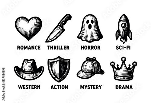 Illustrated icons depicting different movie genres in an engraved style — stock vector.
