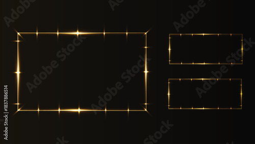 Set of three glowing golden rectangular frames with light effects on a dark background, perfect for luxury design elements