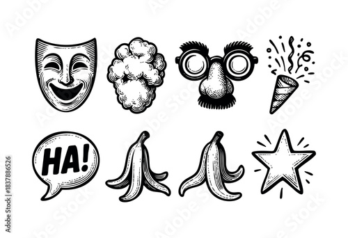 Set of hand-drawn doodle illustrations representing April Fools' Day pranks and jokes, rendered in a black and white engraved style — stock illustration.