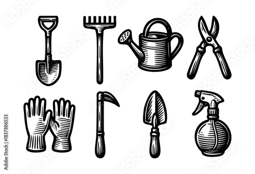 A woodcut style illustration showcasing various garden tools, including a shovel, rake, watering can, pruners, gloves, hoe, trowel, and spray bottle — stock vector.