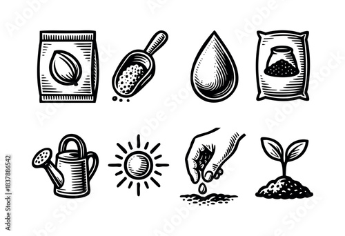 A set of gardening icons in woodcut style on white background — stock illustration.