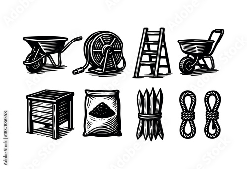 A set of essential garden tools like wheelbarrows, hose, ladder, rope and fertilizer sack in vintage style — stock illustration.