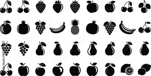 Set of Black Silhouette Fruits Including Cherries, Apples, Pears, Bananas, Grapes, and Strawberries, Healthy Food Variety Flat Vector Illustration, cad drawing flat vector illustration