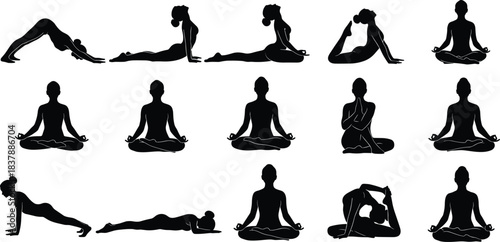 Set of Fifteen Black Silhouette Female Figures Performing Diverse Yoga Poses Including Meditation, Stretching, and Asana Exercises Flat Vector Illustration, cad drawing flat vector illustration