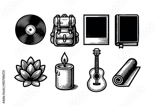 Set of black and white linocut style icons including a record, backpack, instant photo, book, lotus, candle, guitar, and yoga mat — stock illustration.