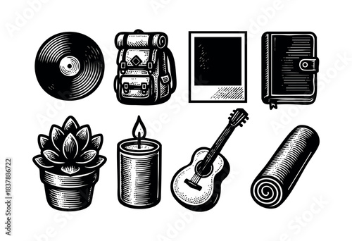 A vintage-styled still life of cozy indoor essentials, including a record, backpack, photo, notebook, succulent, candle, guitar, and yoga mat, all in a monochrome woodcut style — stock vector.