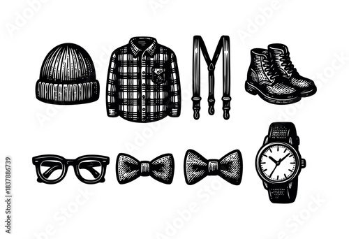 Collection of hipster accessories and clothes in a vintage engraved style — stock vector.
