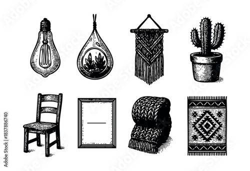 Collection of hand-drawn boho style home decor elements in black and white — stock illustration.