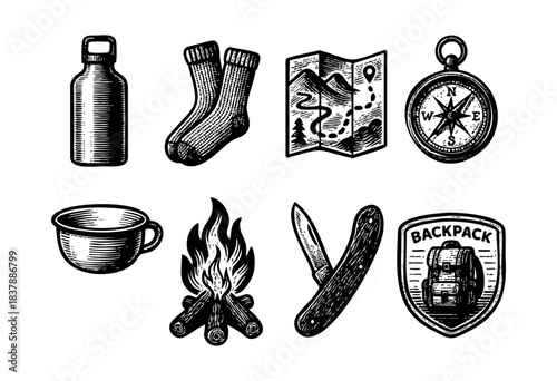 Set of camping equipment icons in engraved style for outdoor adventure designs — stock illustration.