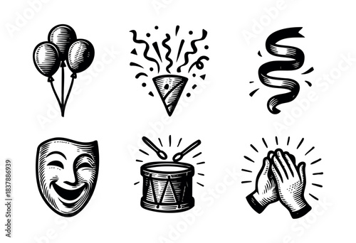 A collection of celebratory icons including balloons, confetti, streamer, a comedy mask, a drum, and clapping hands in a woodcut style — stock vector.