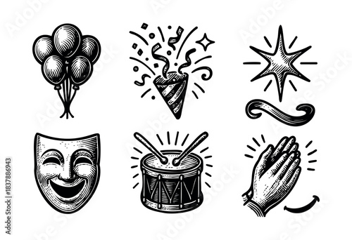 Engraved vector illustration set of different celebration elements like balloons, confetti, star, mask, drum, and applause — stock vector.