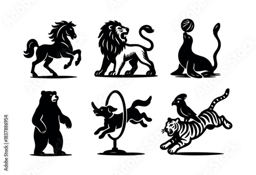 A collection of black silhouette illustrations depicting circus animals including a horse, lion, seal, bear, dog, and tiger with a bird — stock vector.