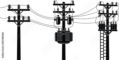 Utility poles and distribution transformers, electrical infrastructure vector, power lines, transformers on poles, industrial utility equipment, electrical distribution network illustration