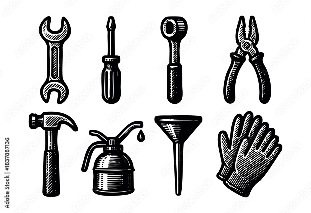 Fototapeta premium Set of hand tools in engraved style isolated on white background — stock vector.