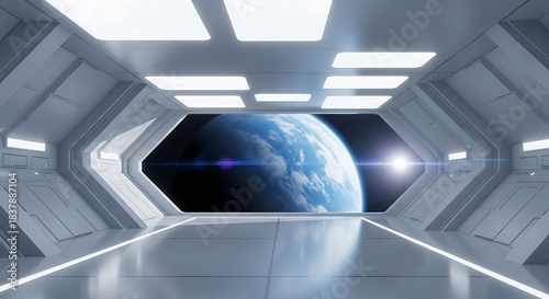 Fototapeta Naklejka Na Ścianę i Meble -  View of earth from inside a futuristic spaceship corridor or space station interior with bright white lighting and a lens flare effect