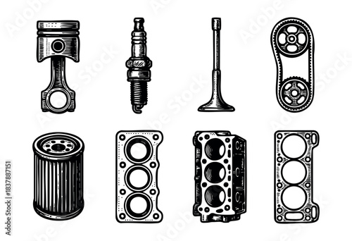Set of vintage-style illustrations of automotive engine components, including a piston, spark plug, valve, timing belt, filter, and cylinder head — stock illustration.