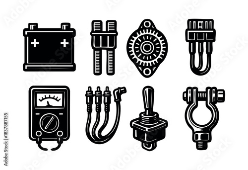 A selection of car electrical components in simple black and white — stock vector.