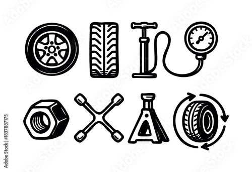 Hand drawn illustration of car service and maintenance tools in black and white — stock vector.