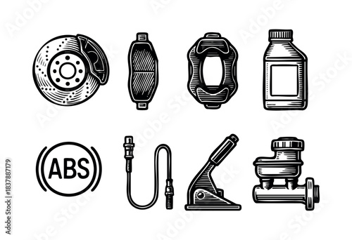 This vector illustration showcases various car brake system components in black and white line art — stock vector.