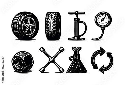A set of automotive repair tools including a tire, lug nut, pump, pressure gauge, lug wrench, jack stand, and arrows in a graphic style — stock vector.