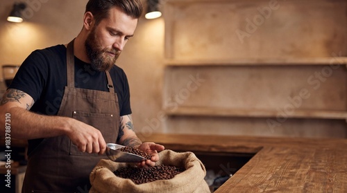 Bearded barista in an apron scooping fresh roasted coffee beans from a large burlap sack in a rustic coffee shop.