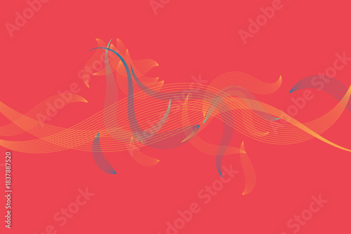 Vibrant line art illustration of a dynamic horse running, created from flowing multicolored lines on a red background. Ideal for modern Chinese New Year themes, speed, energy, and style concepts