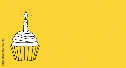 A simple and charming illustration of a birthday cupcake with a single lit candle on a bright solid yellow background with copy space.